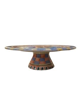 Hand Painted Ceramic Pedestal Cake Stand Floral Striped 12” Serving Plate
